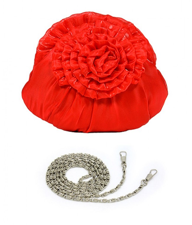 Evening Bag - Silk-like Flower w/ Metal Chain - Red - BG-EBS1037RD